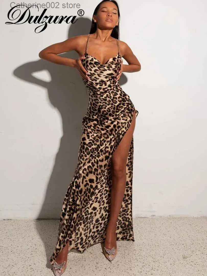 Urban Sexy Dresses Dulzura Leopard Print Women Chain Strap Side Slit Maxi Dress Backless Bodycon Sexig Streetwear Festival 2023 Evening Elegant T231023