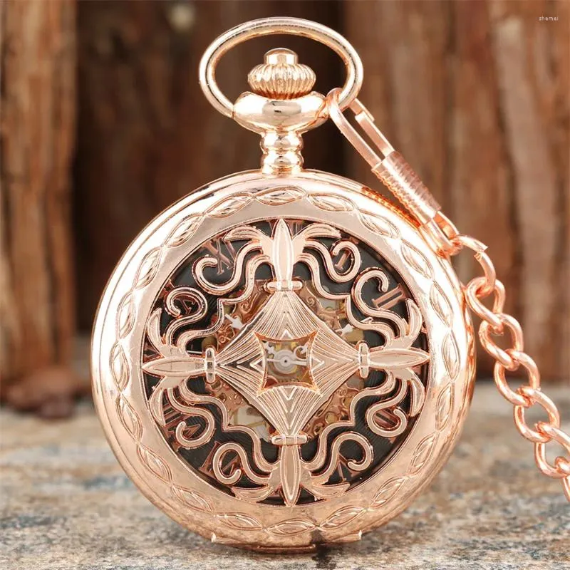 Pocket Watches Rose Gold Hollow Pattern Mechanical Watch Male Roman Siffer Display Pendant Antik Manual Mechanism Clock