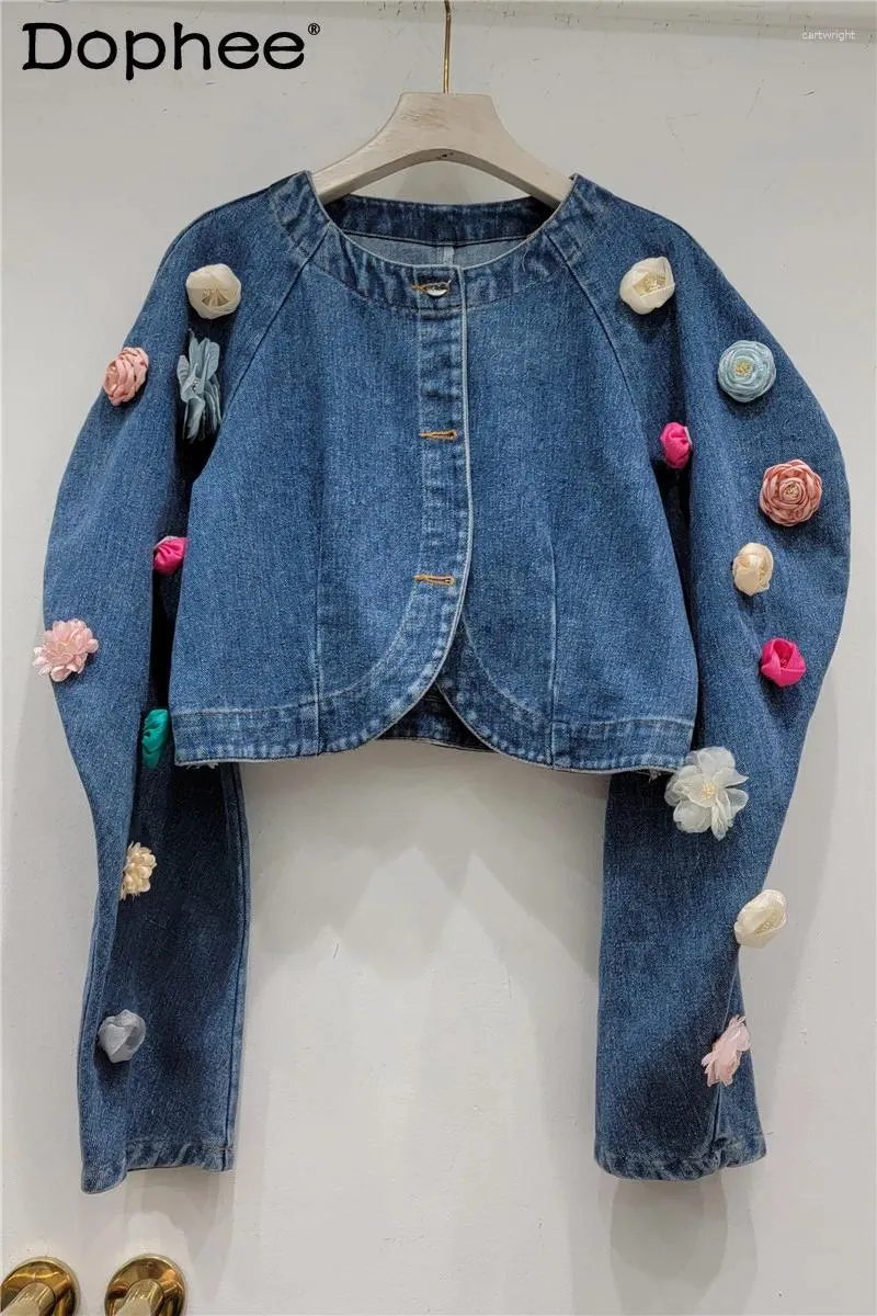 Kvinnors jackor faller 2023 Tung tredimensionell blommor Design Puff Sleeve Single-Breasted Denim Jacka Kvinnor yttre slitage Croped Coat