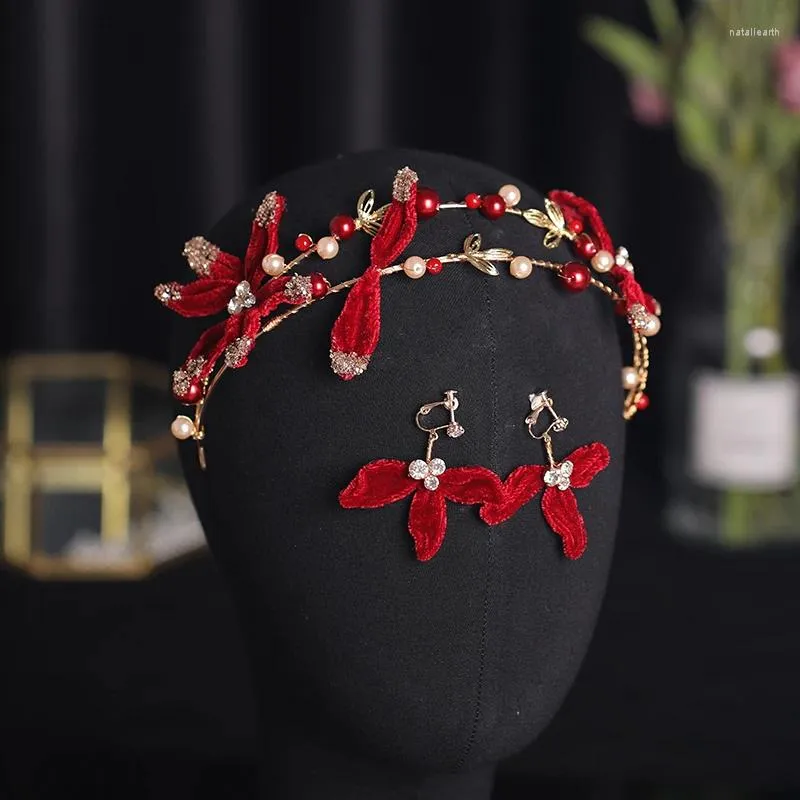 Hair Clips Vintage Red Hairbands Earrings Set Ribbon Flower Pearl Crystal Headband Wedding Bridal Accessories Women Jewelry