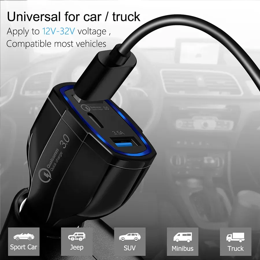 PD 3 in 1Type C Dual Usb Ports QC 3.0A Quick Charging Car  Adapter For Iphone 7 8 11 X Xr Samsung Android Phone Without Package