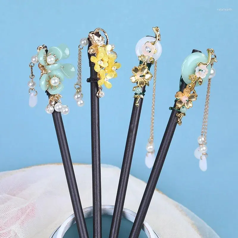 Hair Clips Glaze Flower Wooden Hairpins With Tassel Ancient Costume Hanfu Hairwear Boho Ethnic Disk Handmade Buyao Women