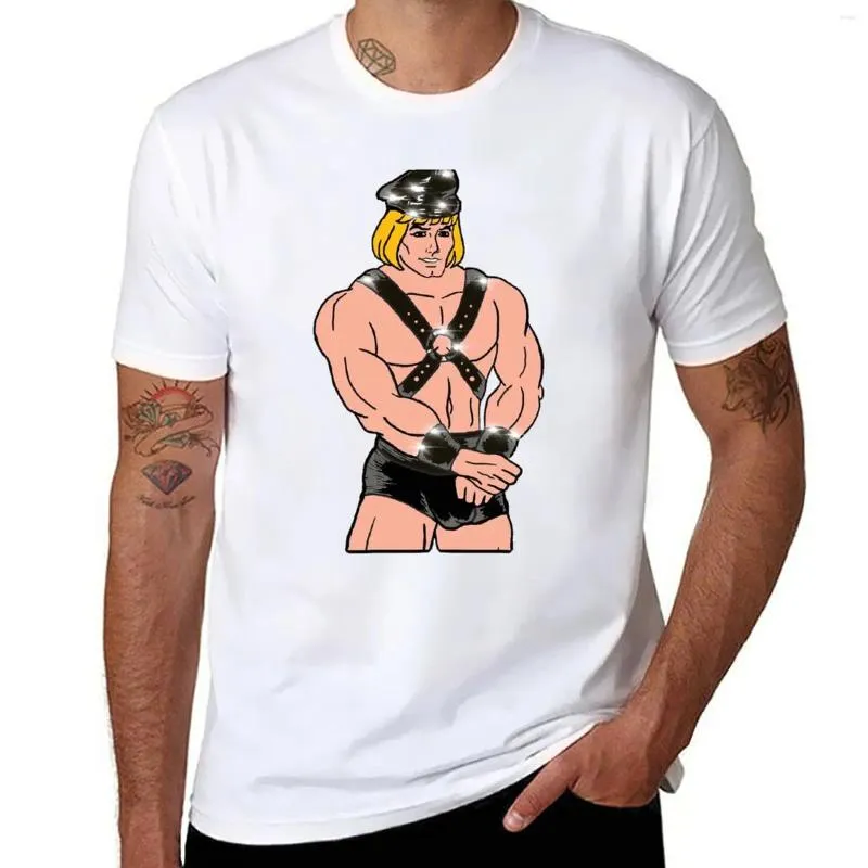 Erkek Polos Deri He-Man T-Shirt Anime Yaz Top Kısa Kollu Siyah Tişört