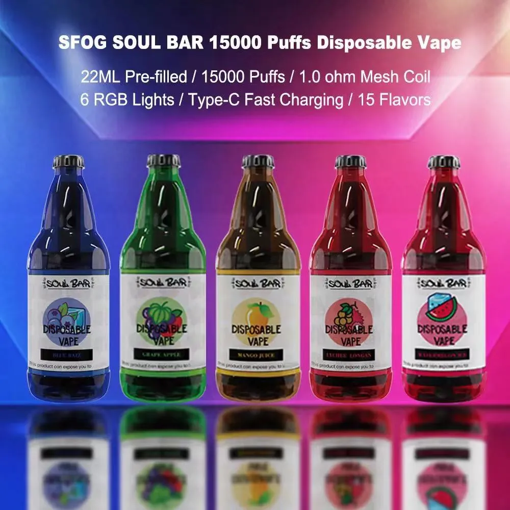 Neuer Stil Vape Bar 15.000 Züge SFOG Soul Bar 15.000 Züge E-Zigarette vorgefüllt 22-ml-Pod 15 Geschmacksrichtungen Vape Einweg-Puff 15.000 6 RGB-Leuchten wiederaufladbarer großer Dampfstift