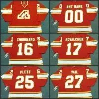 CUSTOM 25 WILLI PLETT 27 ERIC VAIL 16 GUY CHOUINARD 17 ILYA KOVALCHUK  flames 1980 vintage away hockey jersey S-3XL