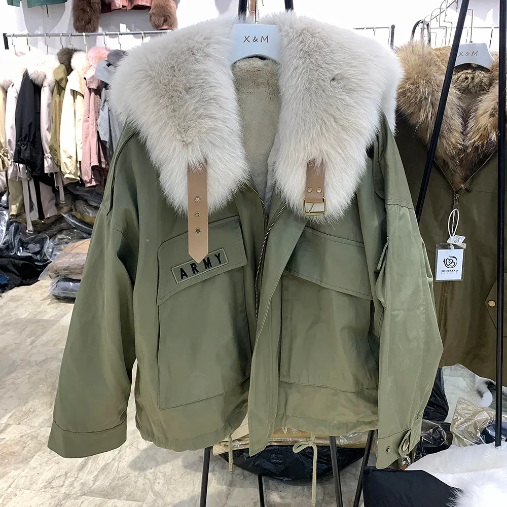2021 Fox Fur Parka Women Real Fur Coat med rävpäls krage rex kanin foder vinter varm päls jacka kläder