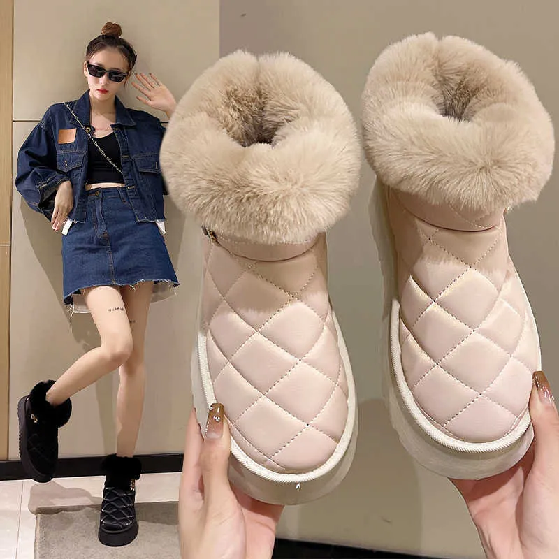 Botas inverno nova moda versátil sola grossa xadrez matsuke com pelúcia quente pele neve sapatos de algodão feminino