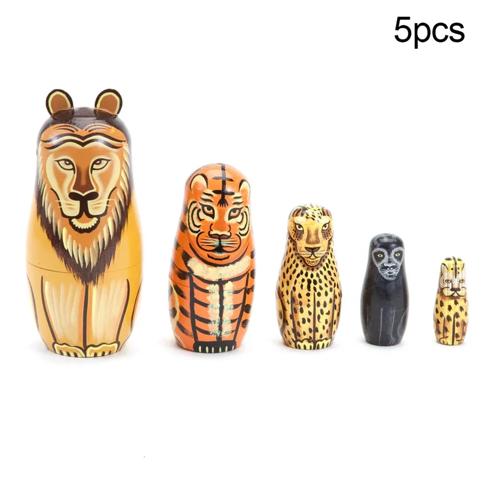 Dolls 5Pcs/Set Hand Painted Lion Animal Wooden Nesting Dolls Matryoshka Figurines Toy for Children Birthday Gifts Handmade Crafts 231023