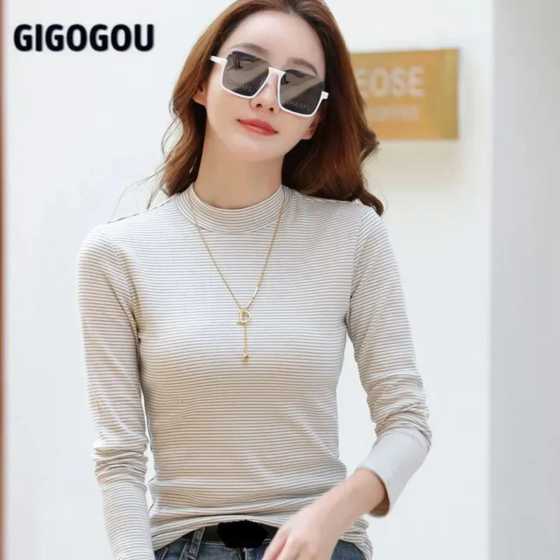 Женские трикотажные футболки GIGOGOU, женский полосатый свитер, осенне-зимний женский джемпер S-3XL, футболка из 98% хлопка, пуловеры с длинными рукавами, верхняя одежда 231023