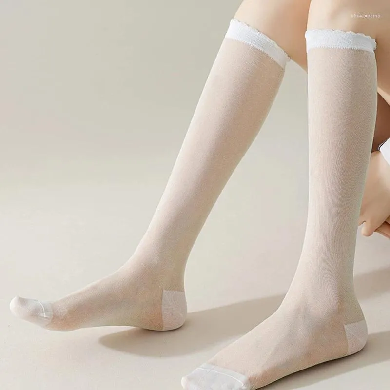 Women Socks Transparent Nylon Stockings Ladies Knee JK Lolita Hosiery Silk Sock Shiny Solid Color Ultra-thin Fashion Elastic Long