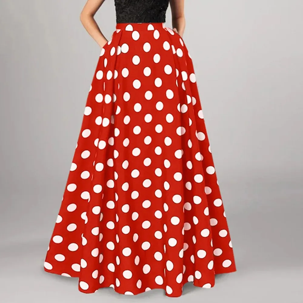 Rokken 2023 Vintage Polka Dot Rok Plus Size Rood Zwart Blauw Lange Casual Vrouwen Maxi Faldas Bohemian Jupe VD4139 231023