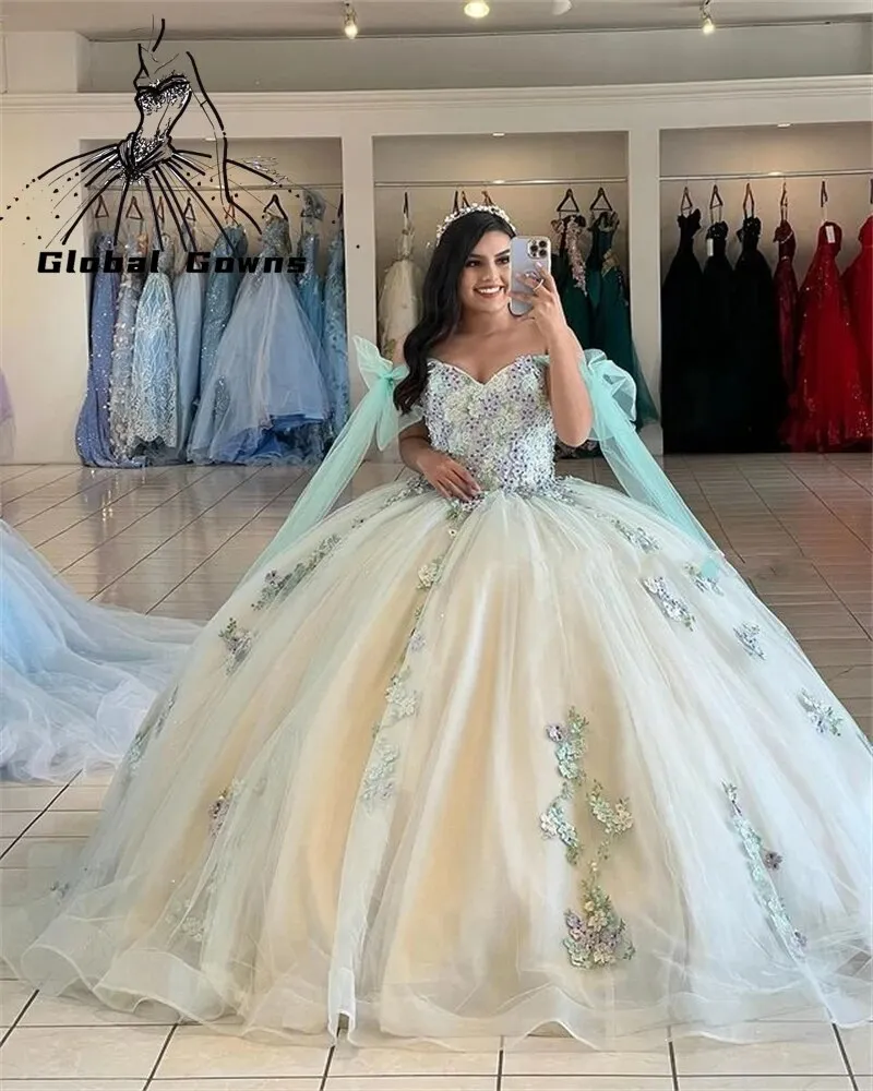 Princess Off The Shoulder Ball Gown Quinceanera Dress Beaded Birthday Robes De Mariee Appliques Graduation Gown Lace Up Back Vestid