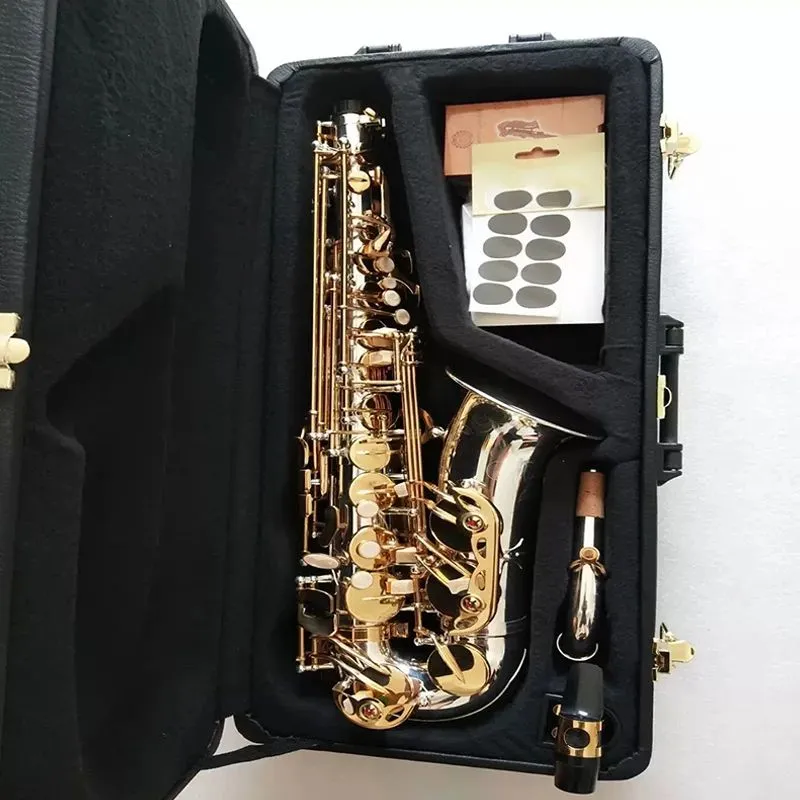 Ny vit koppar guldpläterad e-tune professionell altsaxofon 037 en till en originalstruktur djup snidad alt sax