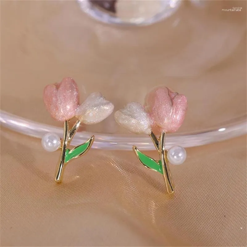 Dingle örhängen trendig pärla söt rosa vit blomma stub örhänge för kvinnor elegant romantisk lycklig tjejs brudmodesmycken gåvor