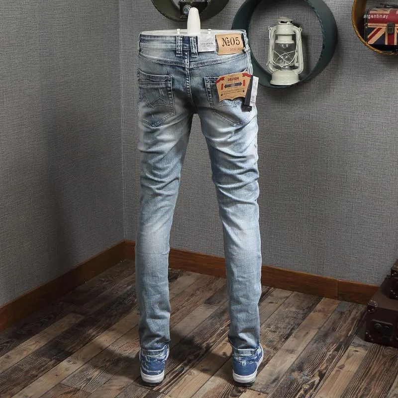 Herren-Jeans, italienischer Stil, modisch, für Herren, hellblau, zerstört, Patchwork, zerrissen, elastische Denim-Hosen, Slim-Fit, Hip Hop, Homme