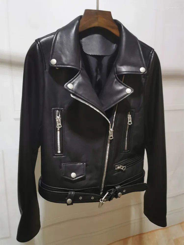 Women's Leather 2023 Genuine Clothes Short Style Motorcycle Jacket Sheepskin Slim Thin Small