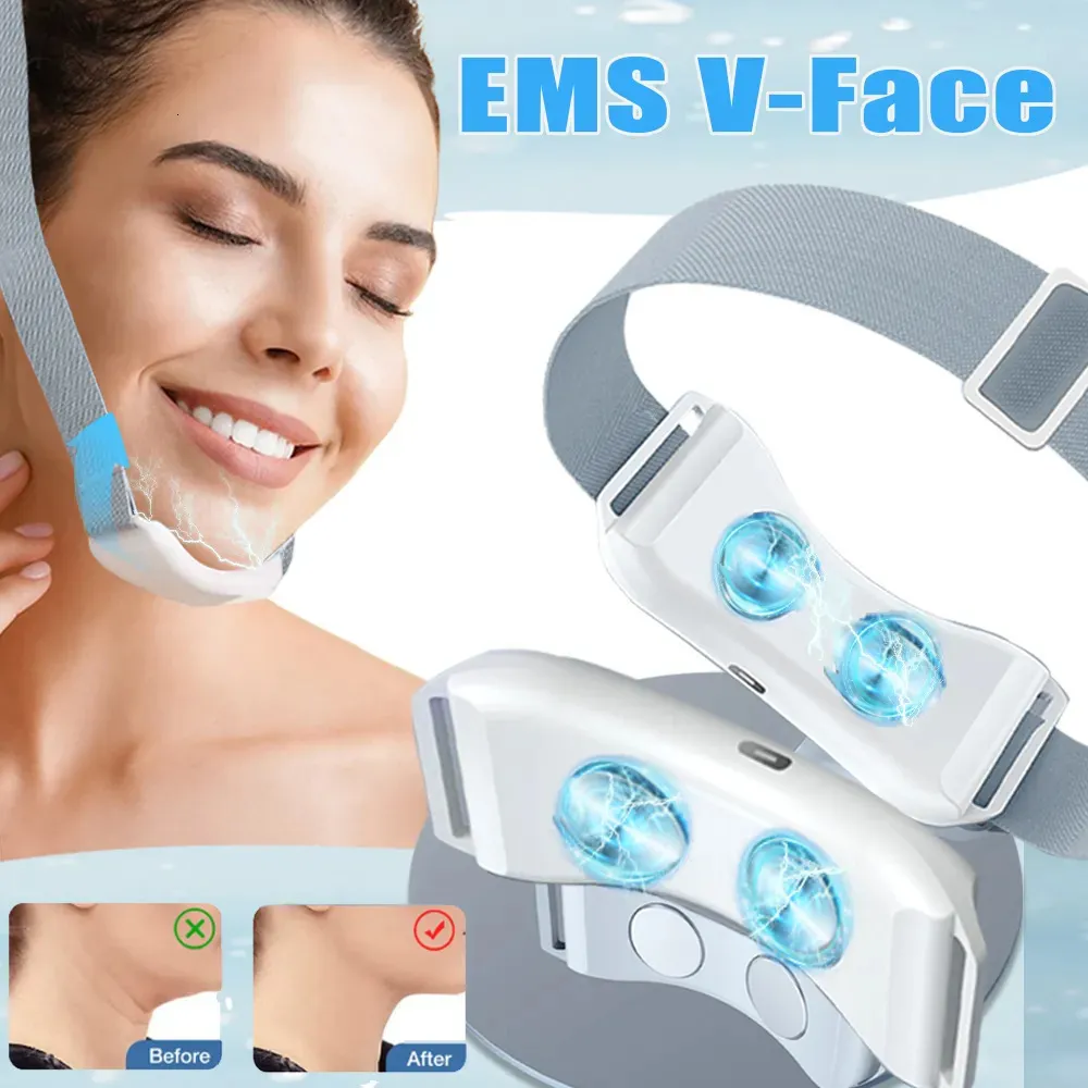 Masseur de visage EMS V-Face Double Réducteur de menton V Masseur de visage Forme de levage Minceur Appareil de beauté à microcourant V-Line Chin Up Remover 231021