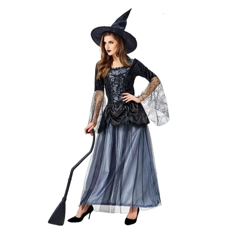 Costume d'Halloween Femmes Designer Cosplay Costume Halloween Sorcière Costume Nouvelle Discothèque Fête Dentelle Maille Tempérament Bleu Noir Sorcière