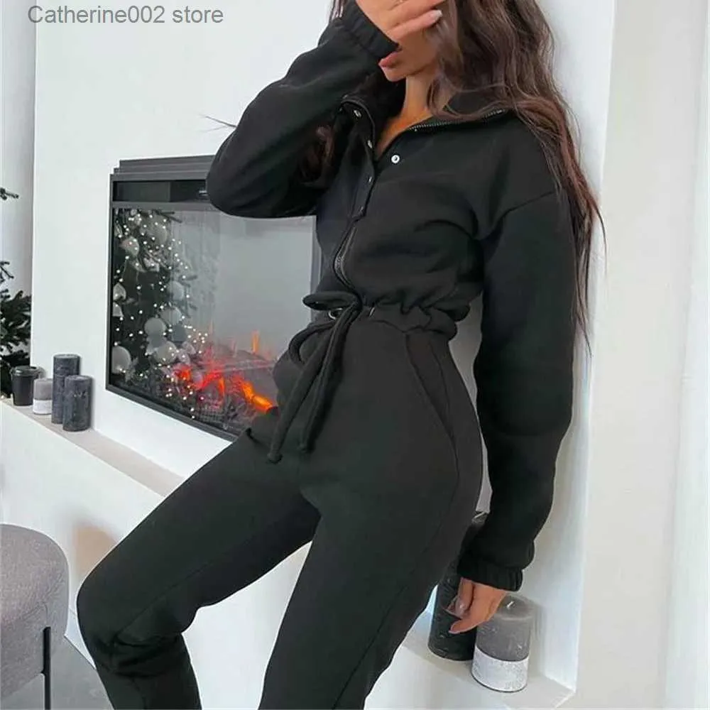 Kvinnors jumpsuits rompers Kvinnlig långärmad knäppt jumpsuits 2023 Autumn Winter Casual Overalls Fleece Sport Jumpsuit Women PlaySuit Sportswear T231023