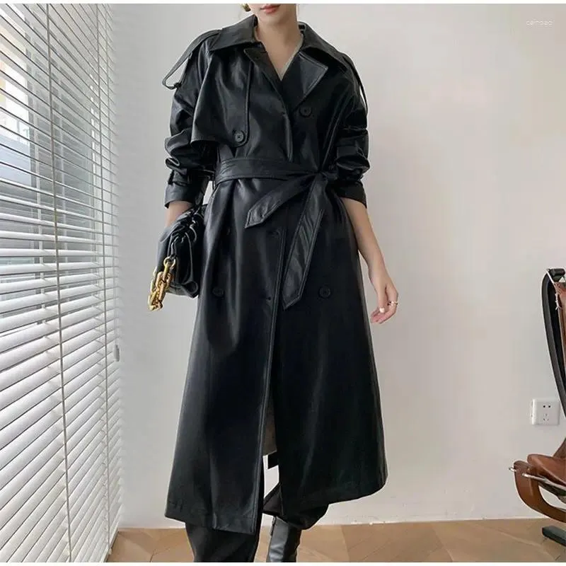 Women's Jackets Women Fashion Long Leather Jacket 2023 Autumn Winter Lapel High Street Female Chic Coat Belt Double Breasted Vintage PU