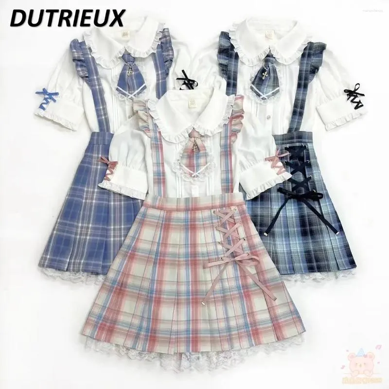 Sukienki robocze Sc Bow Plaid mundure jk koszula japoński w stylu Suspirt Student Summer Summer 2023 Rojita Lolita Short Set