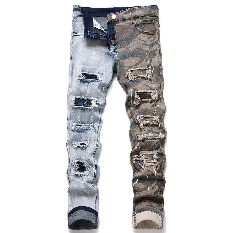 Kot pantolon rozet ripps streç mor erkek moda ince fit yıkanmış motosycle denim pantolon panelli hip hop pantolon çoklu stiller vtxml