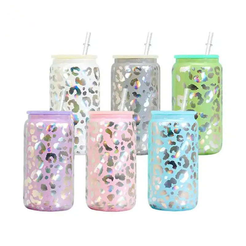 Bicchieri di vetro olografici glitter leopardati da 16 once Bicchiere da muratore Barattolo di succo Bevanda ghiacciata Frullato Bere birra Lattina Bicchieri Tazza Tazze da caffè con coperchi in plastica e cannucce