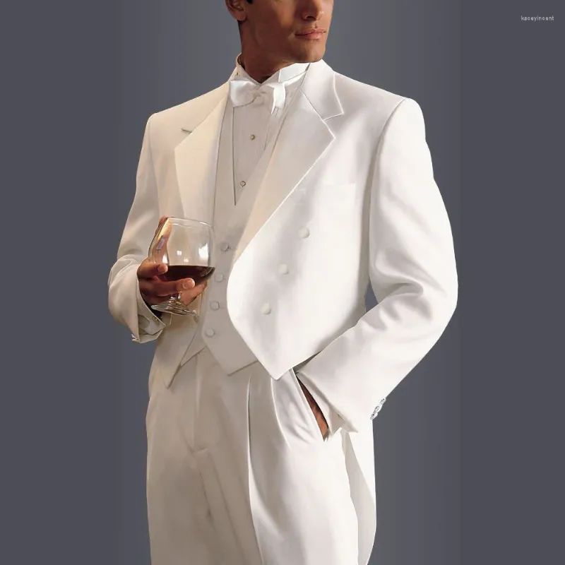Costumes pour hommes Blanc pour hommes Mode Notch Revers Double boutonnage Blazer Prom Groom Mariage Tailcoat Slim 3 pièces Couleur unie Costume formel