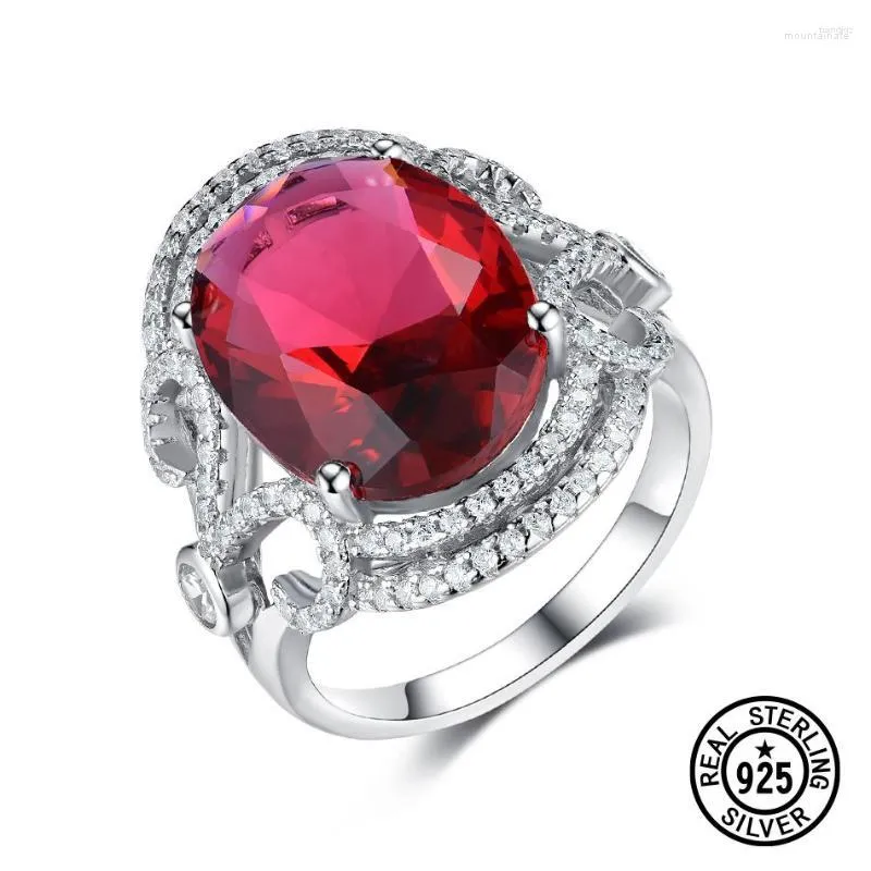 Cluster Anéis Criados Gemstone Garnet Cristal CZ Luxo Gigante Mulheres Anel Aniversário Presentes Jóias 925 Prata Esterlina