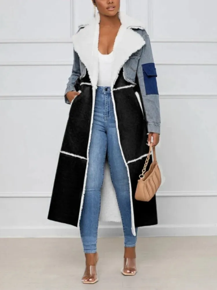 Femmes vers le bas Parka Denim longs manteaux polaire épais chaud vêtements d'extérieur droite ample vestes courtes femme mode Patchwork Streetwear hiver 231023