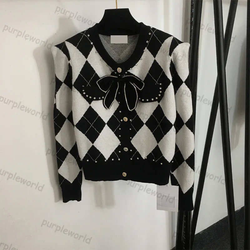 Knit Cardigan Women Nail Diamond Bow Design Color Contrast Diamond Plaid Long Sleeved Sweater Top Coat