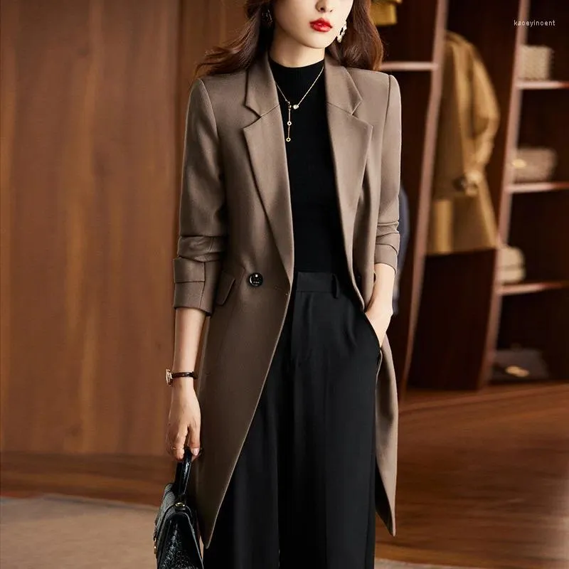 Damenanzüge, lässiger langer Blazer für Frauen, Herbst, Doppelknopf-Ärmel, solide Büro-Damen-Outwear, modische weibliche Business-Jacken