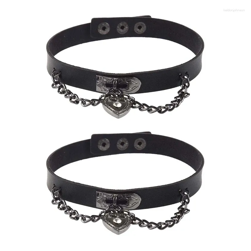 Pendant Necklaces 2X Leather Heart Chain Necklace Gothic Lolita Punk Choker Black