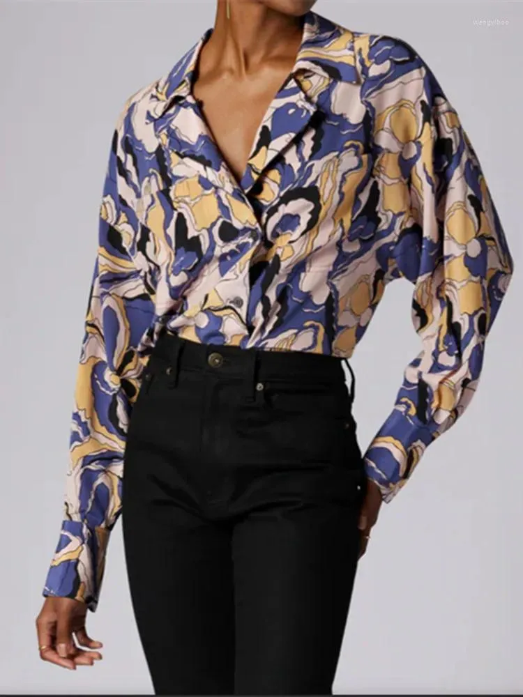 Kvinnors blusar Franska eleganta kvinnor Silk Floral Blus Notched Collar Ladies Single-Breasted Long Sleeve Soft Shirt and Tops 2023
