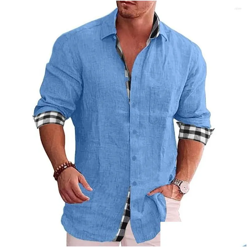 Men'S T-Shirts Mens T Shirts Men Fashion Linen Clothing Single-Breasted Tops Casual Beach Shirt Long Sleeve Pocket Design Blouse Dro Dhcae
