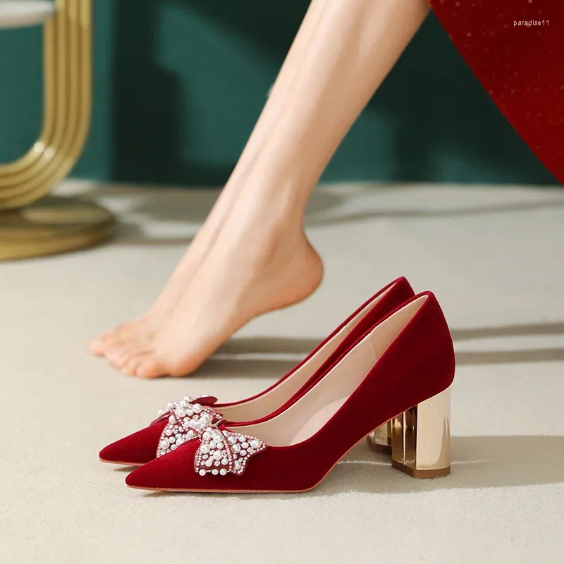 Dress Shoes Chunky Square Heel Summer Women Chinses Style Wine Red Suede Wedding Pumps White Lace Pearl Bowknot Single Elegant