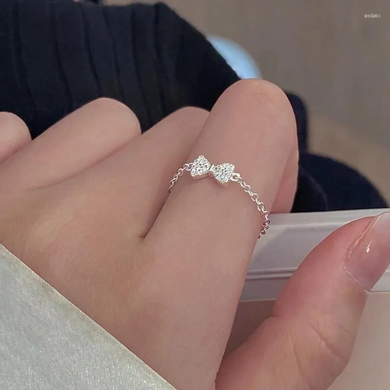 Cluster Ringe Original Silber Farbe Koreanische Pull-out Bowknot Finger Schmuck Natürliche Zirkonia Süße Ketten Anillos Für Frauen