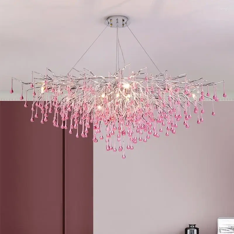 Pendant Lamps Chandelier Raindrop Pink Ceiling Flower Hanging Lighting Frosted Tree Branch Crystal Light Fixture Bedroom Living Room
