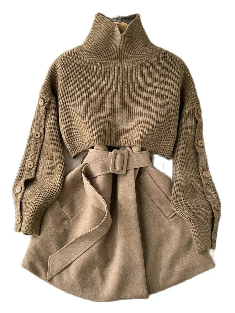 Tvådelt klänning Autumn Winter Knit Tvådelat Set Women's Single-Breasted Turtleneck Croped Pullover Tröja V-Neck Vest Dress Solid Women Suit 231023