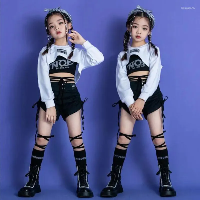 Bühnenkleidung Hemd Tops Mini Shorts für Mädchen Teenager Jazz Dance Kostüm Show Kleidung Kinder Konzert Kpop Straßenoutfits Hip Hop Kleidung Weiß