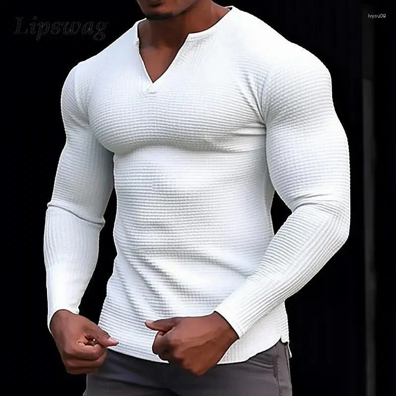 T-shirts pour hommes Élastique Slim Col V Pour Hommes Automne Manches Longues Gaufre Tops Mode Couleur Solide Sport Fitness T-shirts Hommes Bottoming Tee