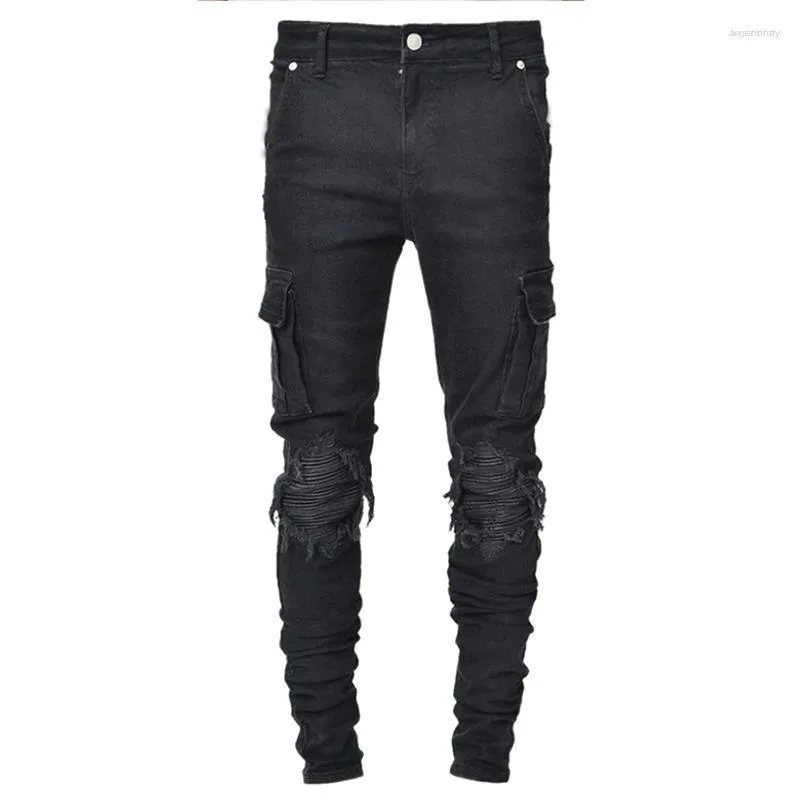 Jeans Heren gescheurde denim broek Mager elastisch jongensgat met meerdere zakken Rits Pantaloon Slanke zwarte cargobroek