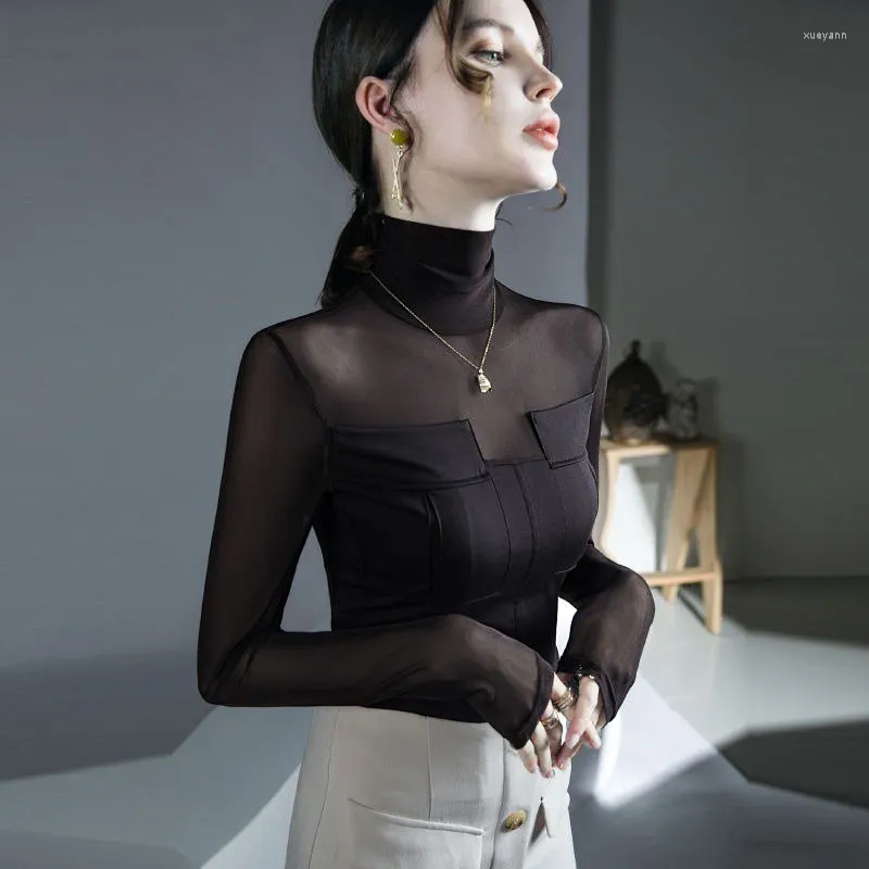 Women's T Shirts Chic T-Shirt With Sheer Mesh Insets And High Neckline Ideal For Layering - Latest Fashion Fall/Winter 2023