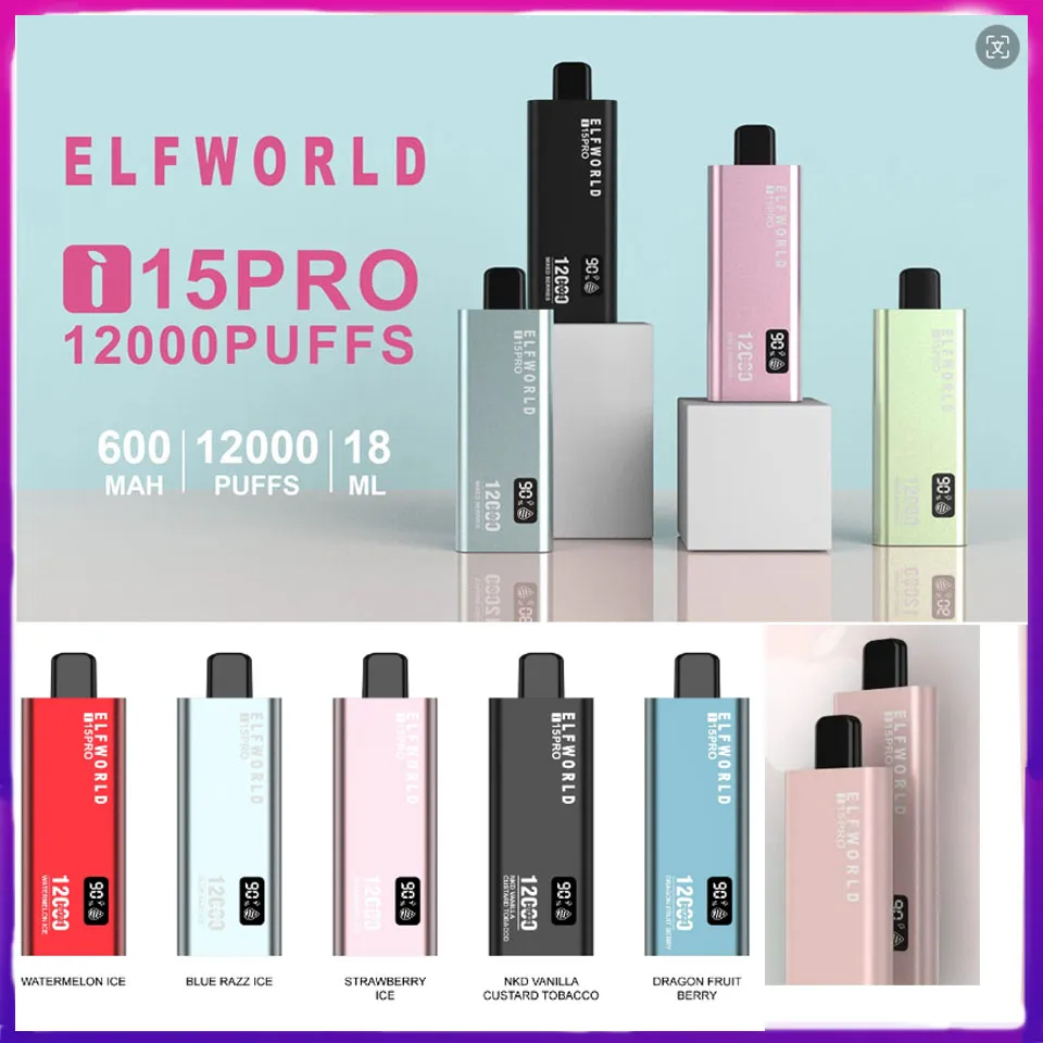 Orijinal Elfworld i15 Pro 12000 Puflar Tek Kullanımlık Vape Bar 12K E Sigara 18ml Pre Dolandırılmış Kapasite 600mAH YAPI BÜYÜ BÜYÜK BOLU BARI KUTU ELF Dünya 12K