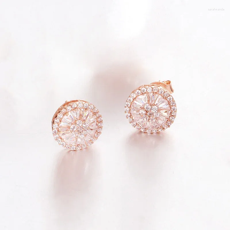 Pendientes de tuerca chapados en oro rosa de 14 quilates 585, cristal brillante púrpura redondo para mujer, joyería de lujo sencilla y ligera