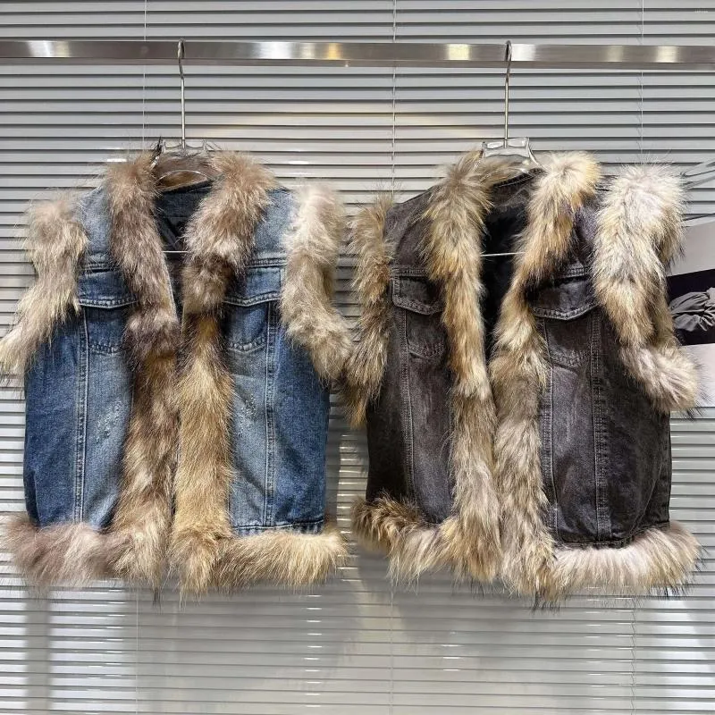 Kamizelki damskie kamizelka dżinsowa szara ciepła zimowa kurtka bez rękawów