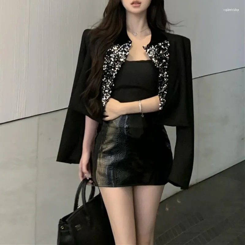 Women's Jackets Women's 2023 Autumn Korean Sequins Stitching Casual Black Long Sleeve Jacket Women Sexy Slim Fit Leather Mini Skirt