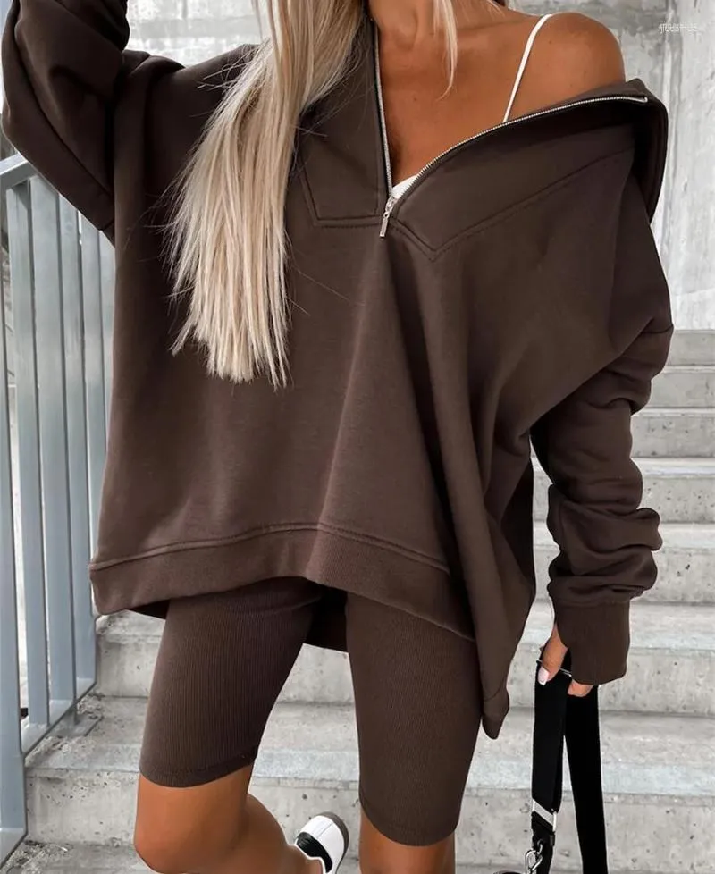 Survêtements pour femmes Femmes Automne Deux pièces Active Wear Ensembles Solide Couleur Manches longues Lâche Demi-Zip Sweats à capuche Sweatshirts High