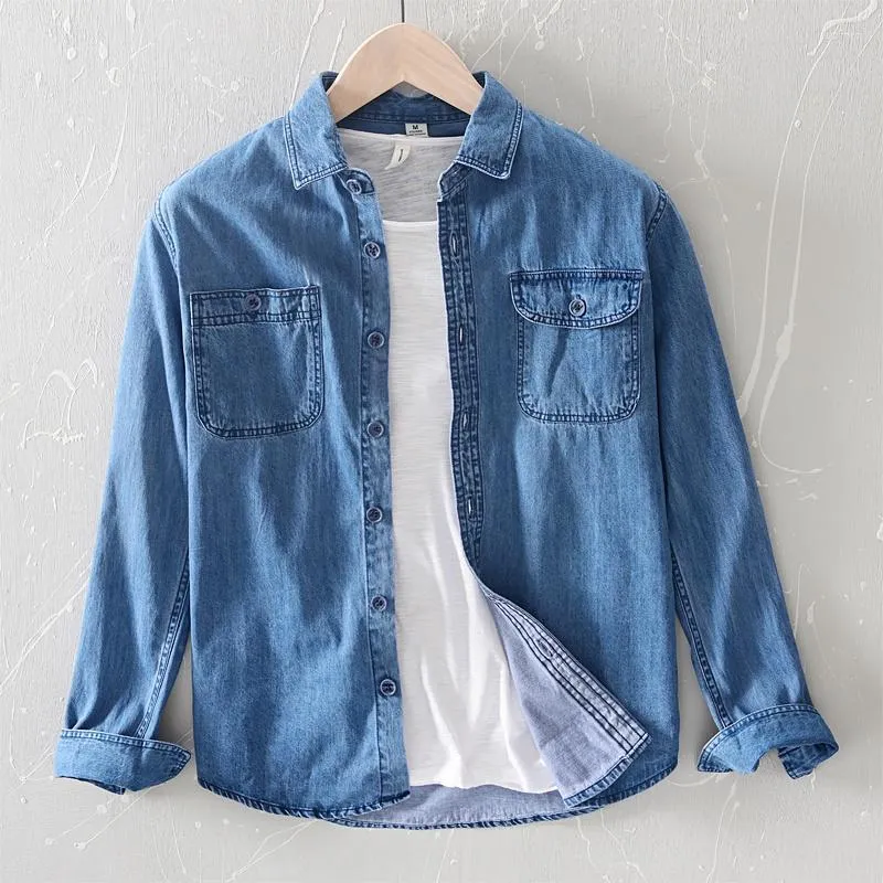 Men's Casual Shirts Men's Men Office Style Denim Shirt Cotton Solid Long Sleeve Tops Man High Quality Blue Jeans Chemise Homme