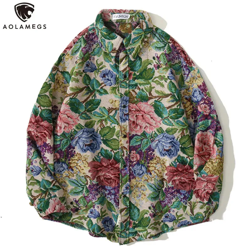 Men's Casual Shirts Aolamegs Shirt Men Vintage Watercolor Floral Print Oversized Coat Autumn Retro Harajuku Hip Hop Fashion Streetwear 231023